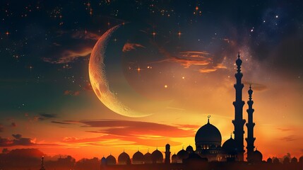 Islamic crescent moon and mosque dome silhouette for Ramadan Kareem, with Arabic writing and pattern
