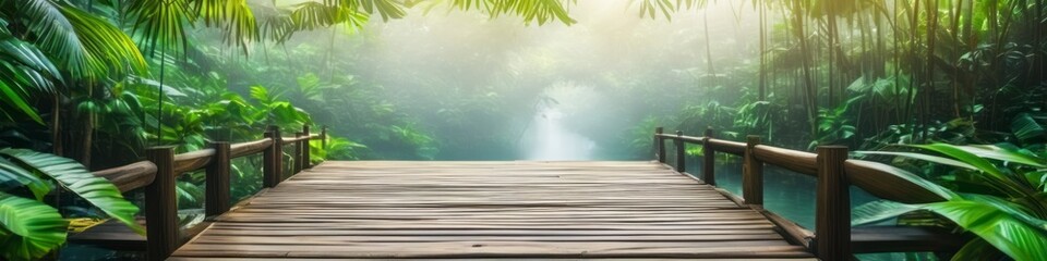Abstract midsummer drawing illustration long wooden bridge through tropical forest. Background for design, space for text.	