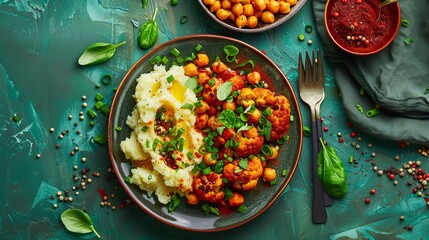 Top view of mouthwatering roasted cauliflower on a ceramic platter with mashed potatoes and seasoned harissa chickpeas against a backdrop of a green table. - obrazy, fototapety, plakaty