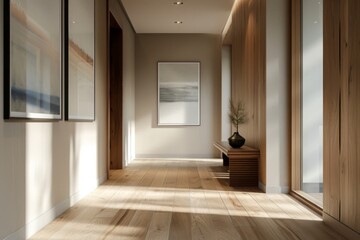 Fototapeta na wymiar Minimalist Hallway with Sleek Storage Solutions and Modern Design