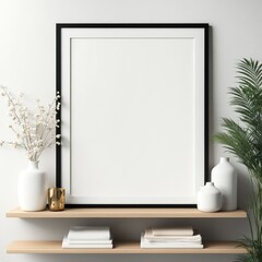 Mock up poster frame close up on shelf with decoration, 3d render