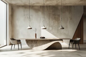 Minimalist Dining Room with Sleek Table and Sculptural Lighting