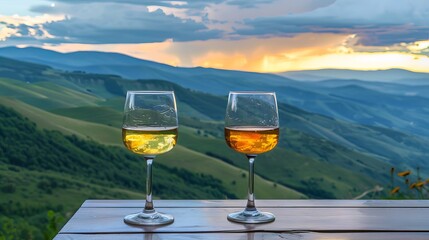 Two wine glasses while admiring the breathtaking scenery of the mountains. Enjoy this moment at the mountain resort.