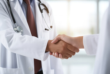 Closeup on a doctor's hand shaking a patient's hand