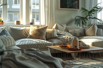 Cozy Scandinavian Style Living Room Interior with Neutral Tones