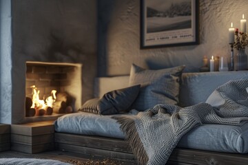 Fototapeta premium Cozy Fireplace Nook with Built-in Seating and Soft Cushions.