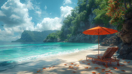 Summertime Bliss On Secluded Beach With Umbrella And Lounger - obrazy, fototapety, plakaty