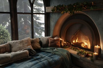 "A Cozy Fireplace Nook with Built-In Seating and Soft Cushions"