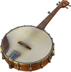 Aged banjo with a weathered body cut out on transparent background - obrazy, fototapety, plakaty