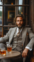 well dressed bearded middle aged man in luxury business suit sitting at a table at bar