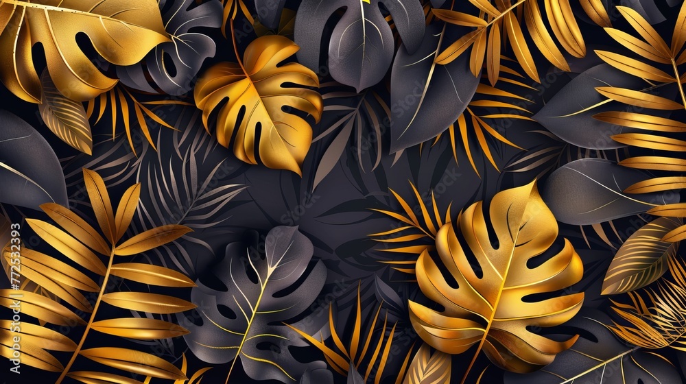 Wall mural Tropical foliage in black and gold with a dark background comprise this seamless vector design. exotic background design with plants - Wall murals