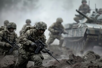 Soldiers Running Through a Muddy Field