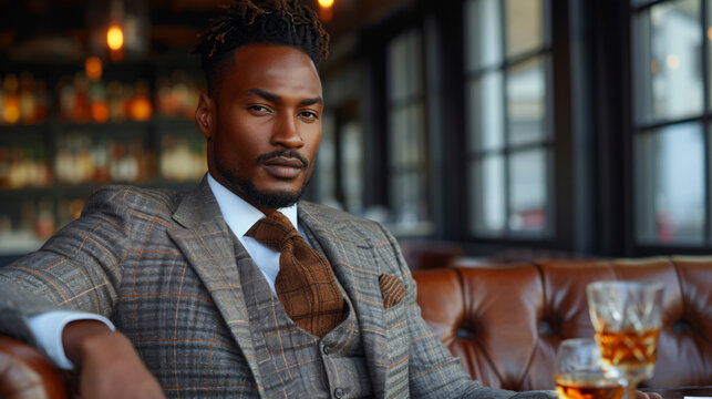 well dressed black man in luxury business suit sitting on a leather couch