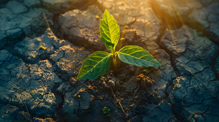 Green plant growing in the middle of dry cracked earth, symbolizing recovery from environmental damage caused by climate change and human activities.