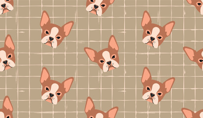 Funny seamless repeat pattern with dog head  on a beige checkered background.Cute animal print on fabric and paper.Vector pet design for zoo marketing, veterinary.Nursery wall decor,cover,card.