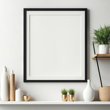 Mock up poster frame close up on shelf with decoration, 3d render