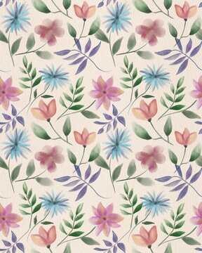 Seamless watercolor pattern with watercolor leaves and flowers on a light background on watercolor texture paper. Suitable for interior, wallpaper, fabrics, clothing, stationery.