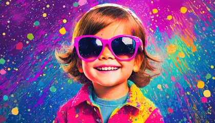 Foto op Plexiglas Vibrant vintage pop art style portrait of a smiling and creative girl toddler wearing sunglasses with paint splattering effect. AI generated wallpaper. © Adrianna