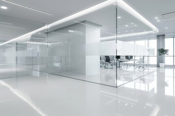 Modern office with glass partition and chic white flooring for stylish workspace