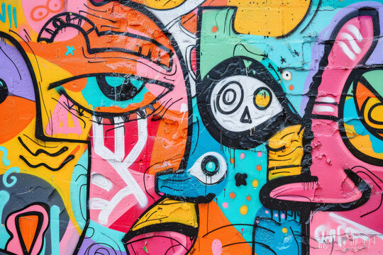 A colorful mural with a skull and eye on it