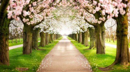  A pathway lined with trees and pink flowers on both sides is lined with green grass on one side and tall trees and pink flowers on the other