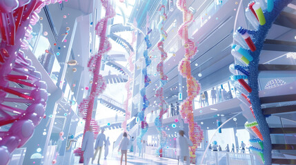 Visitors walk through a contemporary art gallery adorned with large, colorful spiral sculptures hanging from the ceiling - obrazy, fototapety, plakaty