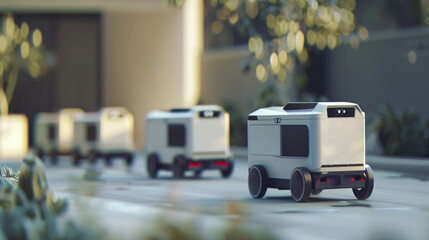 A group of small white vehicles moving along a city street, creating a linear formation as they navigate the urban environment - obrazy, fototapety, plakaty