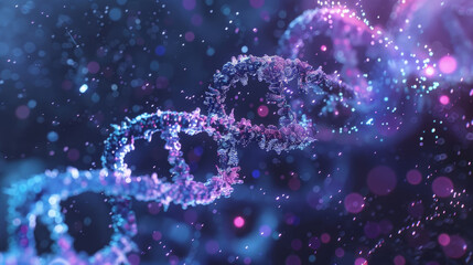 A close-up depiction of a DNA double helix with a shimmering, futuristic look against a bokeh background with blue and purple hues
