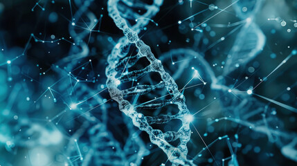 A digital rendering of the double helix structure of DNA strands with a luminescent blue glow and connecting data points - obrazy, fototapety, plakaty