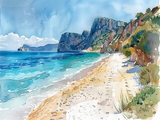 Minimalistic postcard water color drawing Italian beach and sea