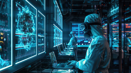 A man in a white lab coat is busy working on a computer in a laboratory setting, focusing intently on the screen