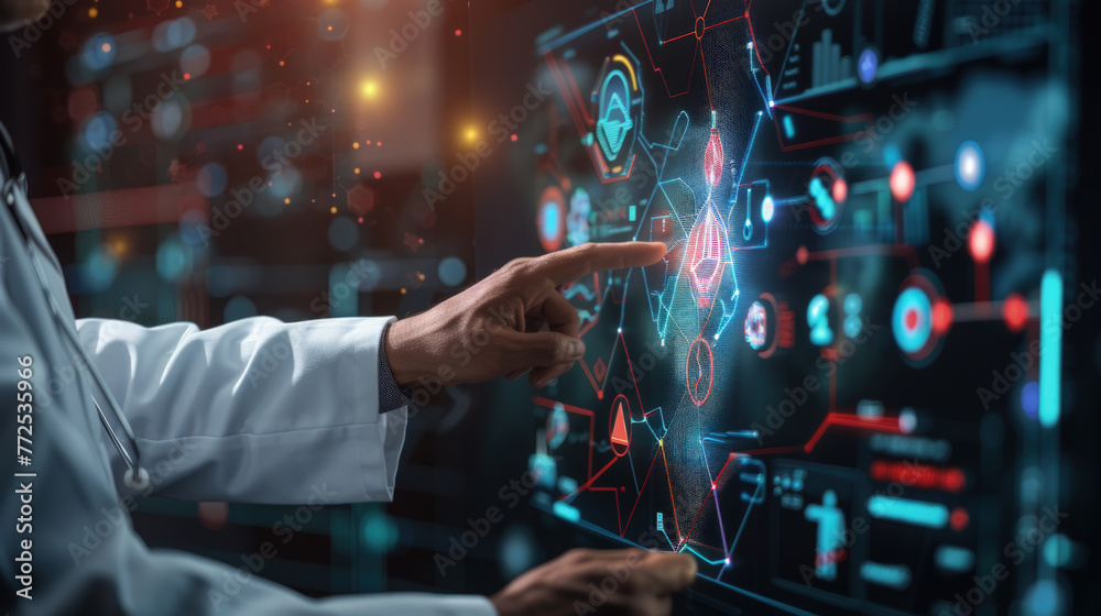 Wall mural a man wearing a lab coat is pointing at a screen, possibly explaining data or research findings. the