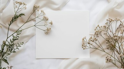 A blank paper with dried flowers on a crumpled white fabric background