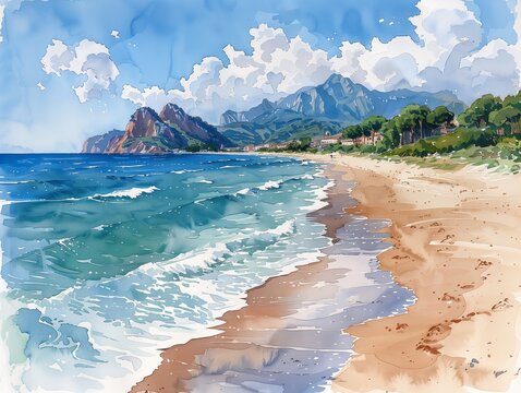 Minimalistic postcard water color drawing Italian beach and sea