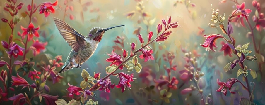 Spring's Symphony: The Graceful Hover of a Hummingbird by Blooming Coral Bells