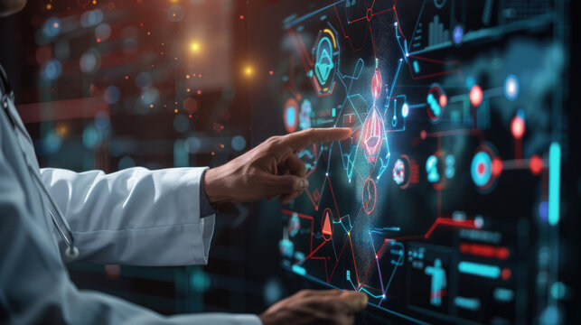 A man wearing a lab coat is pointing at a screen, possibly explaining data or research findings. The focus is on the interaction between the man and the technology