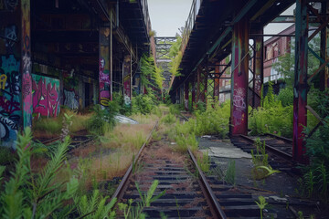 Fototapeta na wymiar A train track is surrounded by graffiti and weeds