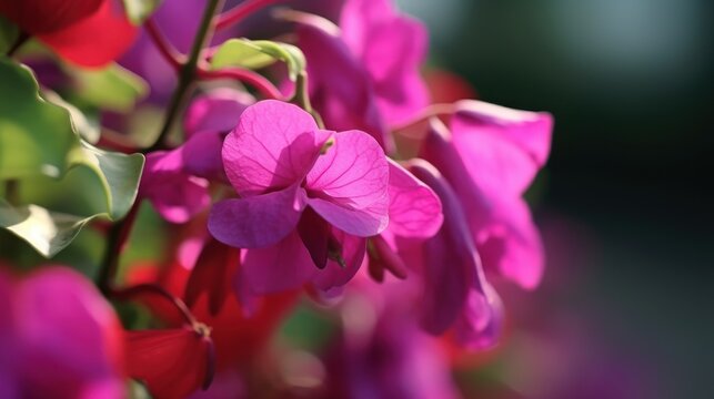 Pink Bougainvillea flowers close up shot with selective focus. Blooming bougainvillea.