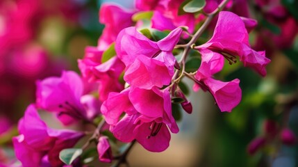 Pink Bougainvillea flowers close up shot with selective focus. Blooming bougainvillea.