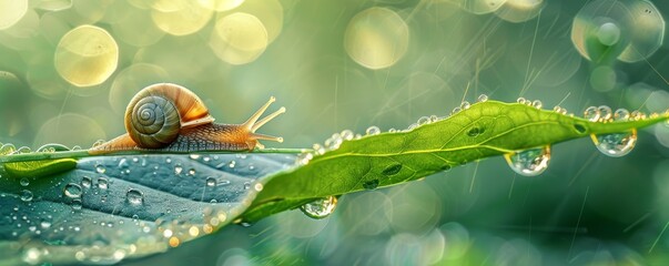 A Dewy Spring Morning: The Delicate Path of a Snail on a Fresh Leaf