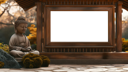 Chinese Mockup wood frame photo. Buddha statue outside on nature. Vertical boarder Mock-up. Empty...