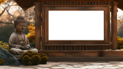 Chinese Mockup wood frame photo. Buddha statue outside on nature. Vertical boarder Mock-up. Empty board photo frame. Ai generated. Colorful PNG illustration