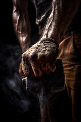 Captivating Image of a Strong Hand Gripping a Weathered Ax - A Symbol of Determination and Resilience - obrazy, fototapety, plakaty
