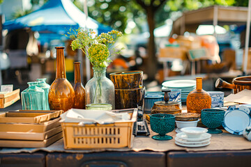 Second hand old household objects for sale at flea market, garage sale, thrift store, charity shop. Zero waste, sustainable lifestyle