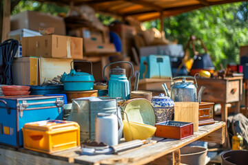 Second hand old household objects for sale at flea market, garage sale, thrift store, charity shop. Zero waste, sustainable lifestyle