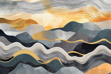 Image a colorful wallpaper illustrating  in the style of painting, dark gray and gold, editorial illustrations, whimsical abstract landscapes,  illustrations, high resolution, light gold and gray - obrazy, fototapety, plakaty
