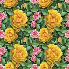 3D roses yellow and pink leaves green fabric pattern vintage summer seamless textile background fashion work design wallpaper  