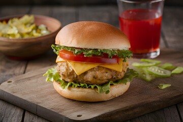 Chicken burger with cheese and tomato on a delicious bun