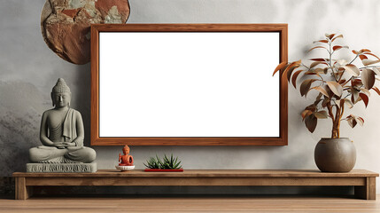 Chinese Mockup wood frame photo. Buddha statue inside in room. Vertical boarder Mock-up. Empty...