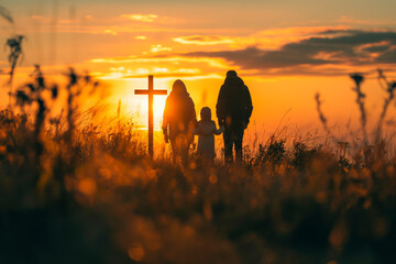 Silhouette of family looking for the cross of Jesus Christ on autumn sunrise background. Easter Sunday concept. - obrazy, fototapety, plakaty